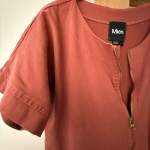 Mien Slow Fashion Rust Short Sleeve Front-zip Jumpsuit Soft Cotton Comfy Relaxed